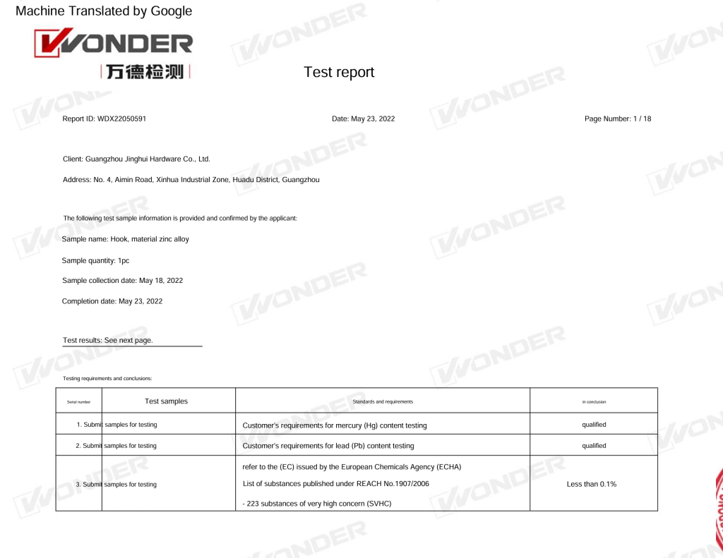 REACH Test Report shows the details of the result